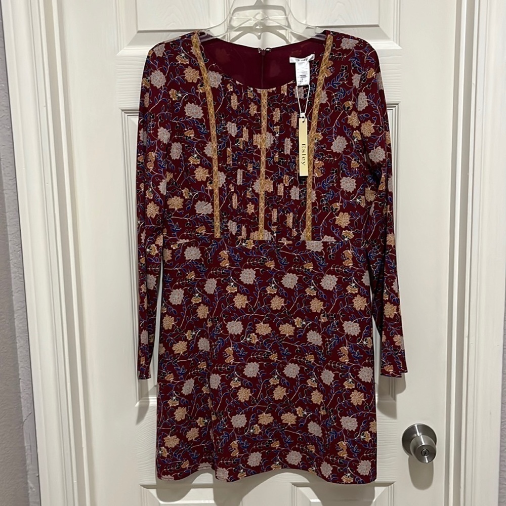 NWT Esley Long Sleeve Dress Burgundy Red Floral Peasant Style Large Yellow Trim